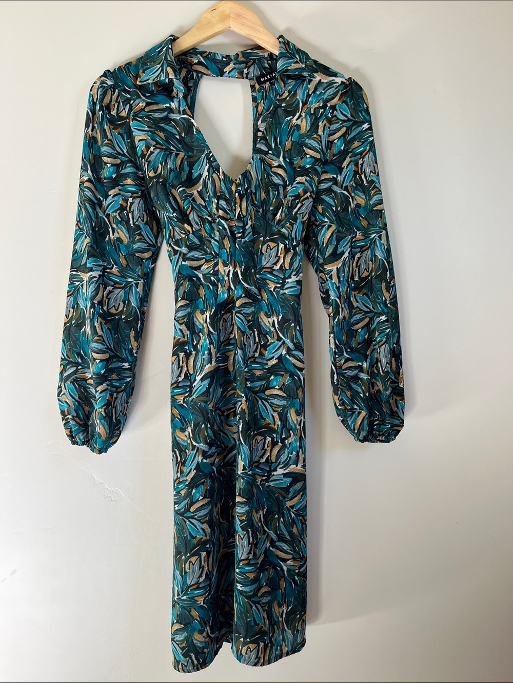 Max & Co. Teal Leaf-Print Long Sleeve Midi Dress